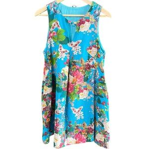 Umgee Dress Blue Floral Butterfly Keyhole Neck Swing Babydoll Medium Boho Preppy